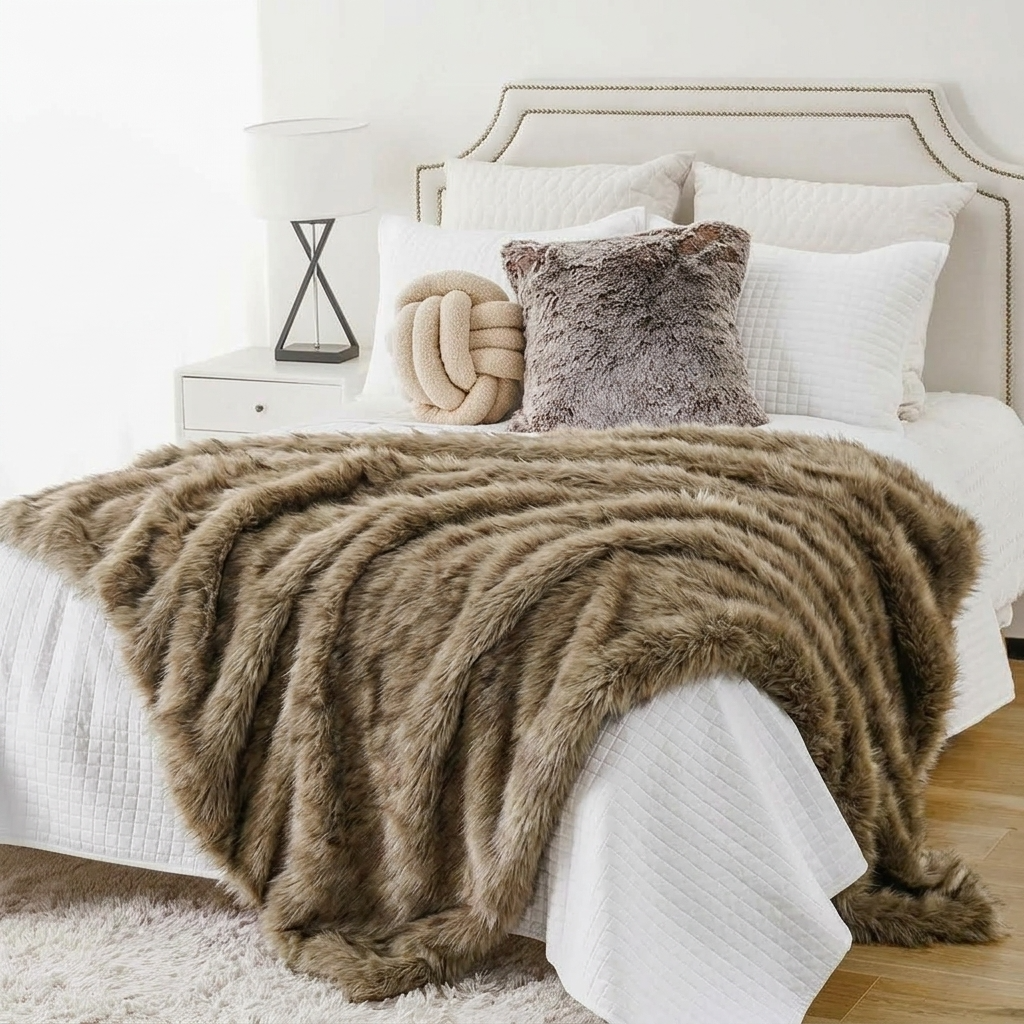 Taupe Soft Long-Pile Faux Fur Throw