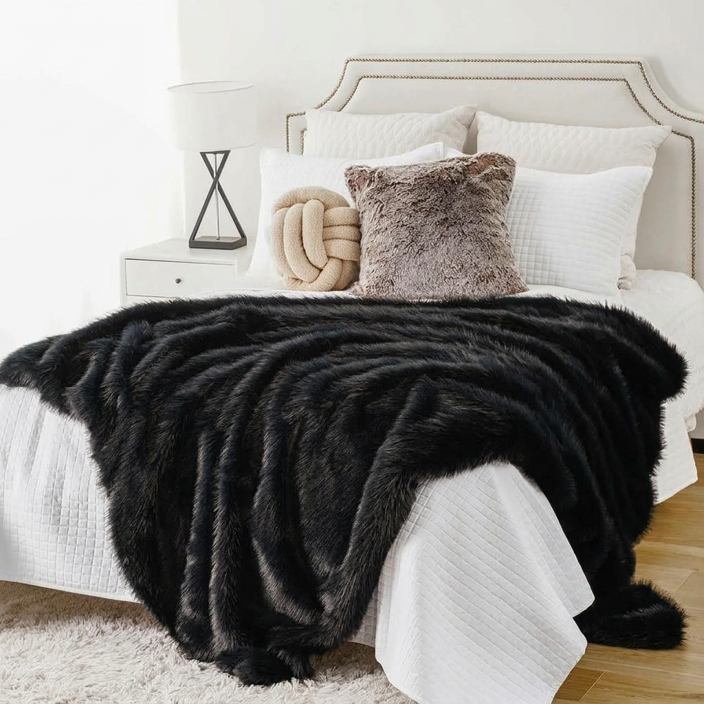 Black Soft Long-Pile Faux Fur Throw