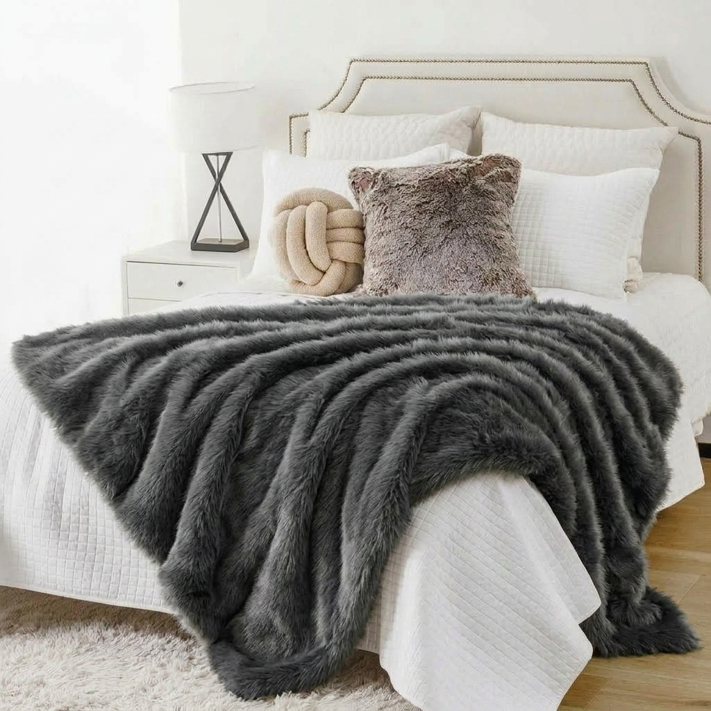 Grey Soft Long-Pile Faux Fur Throw