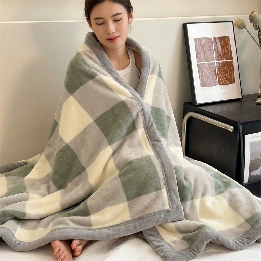 Sage Green Soft Large-Check Velvet Throw