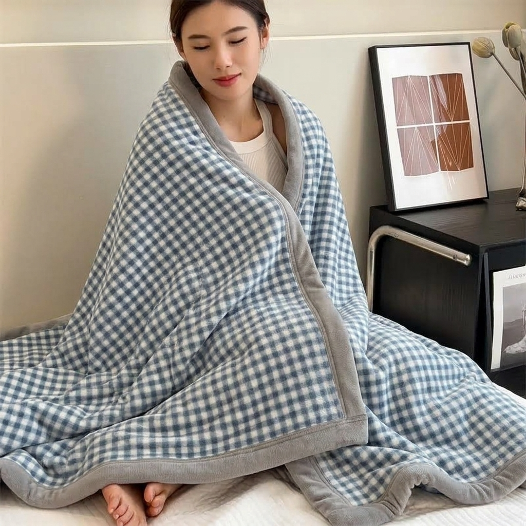 Mist Blue Soft Small-Check Velvet Throw