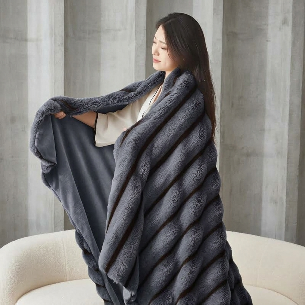 Charcoal Plush Textured Striped Faux Fur Throw