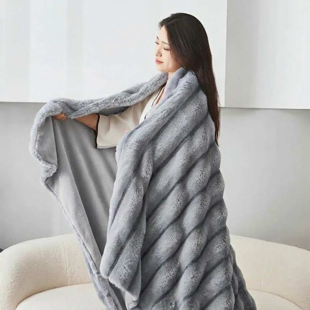 Grey Plush Textured Striped Faux Fur Throw