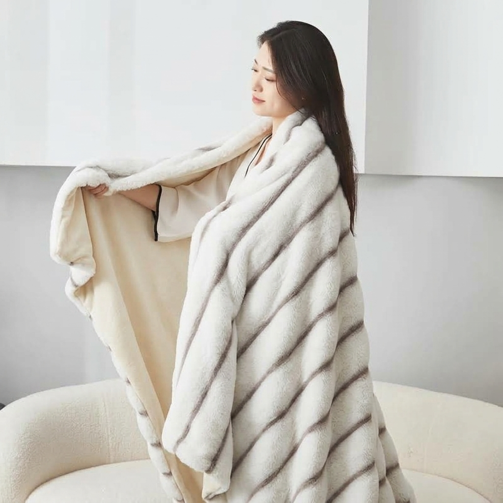 White Plush Textured Striped Faux Fur Throw