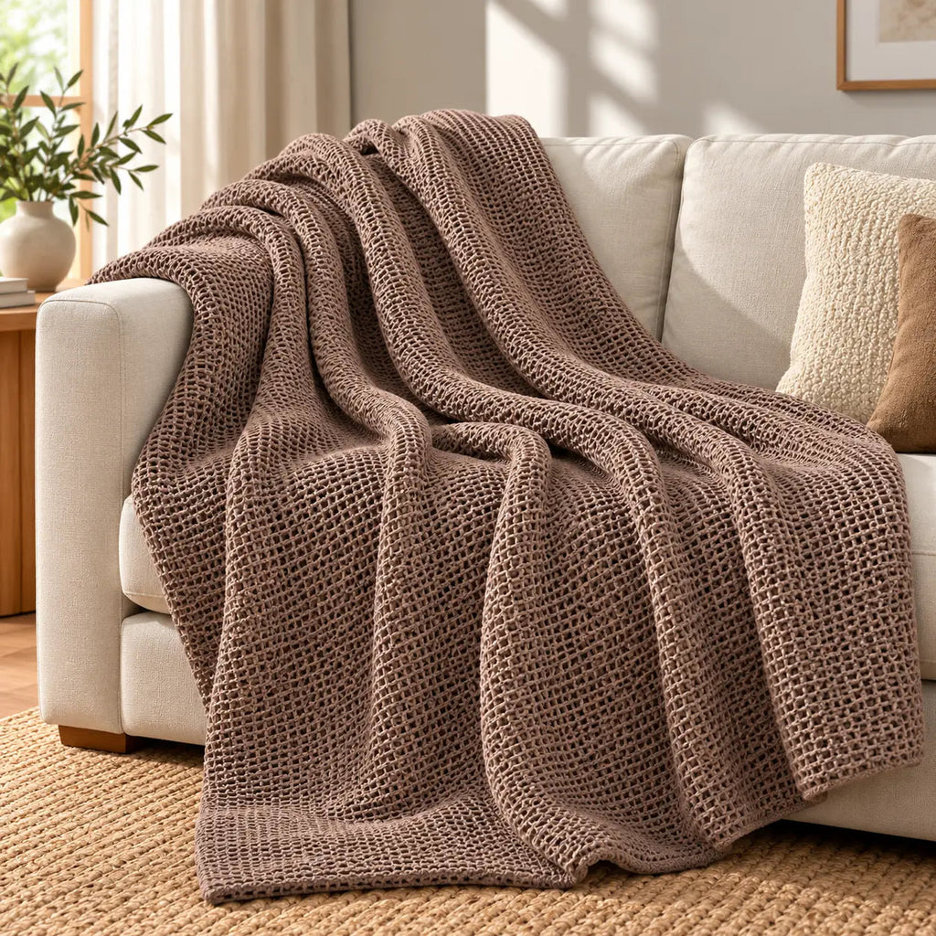 Ribbed Cotton Sofa Throw – Brown 100x150cm