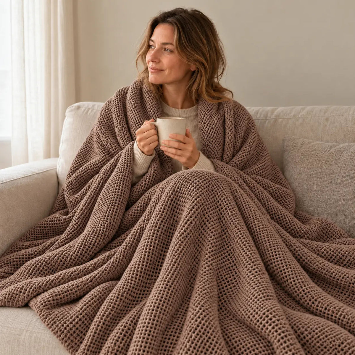 Ribbed Cotton Sofa Throw – Brown 150x200cm