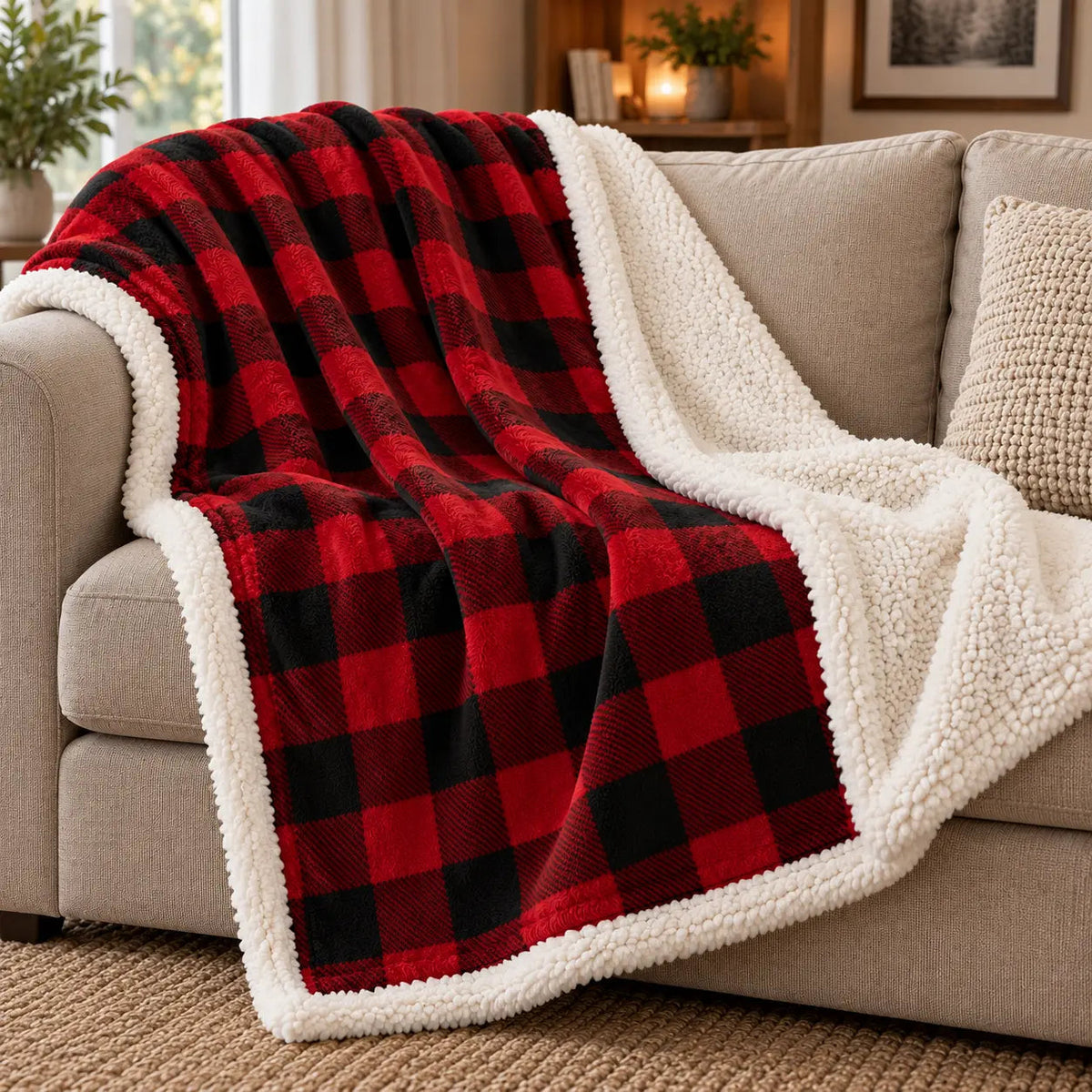 Sherpa-Lined Christmas Tartan Throw – 130x150cm