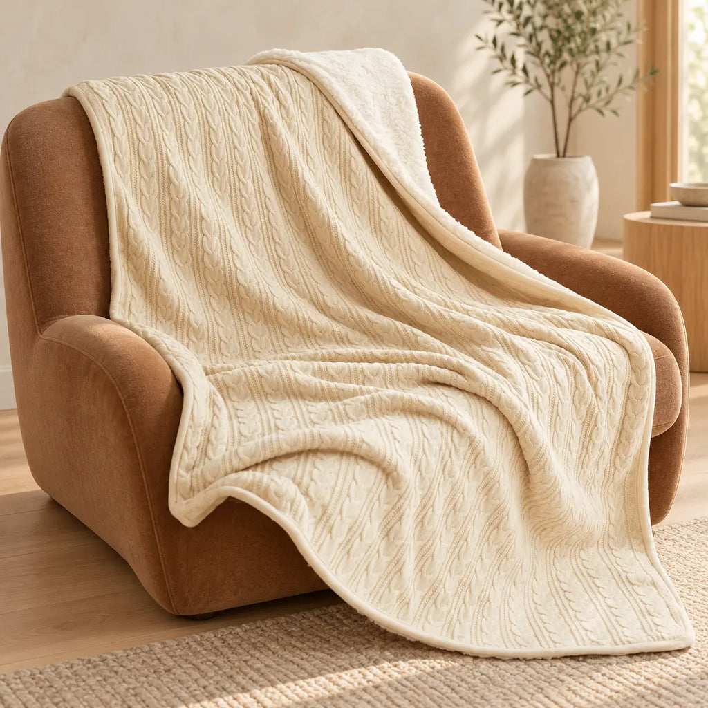 Cable Knit Cotton Throw for Sofa and Bed