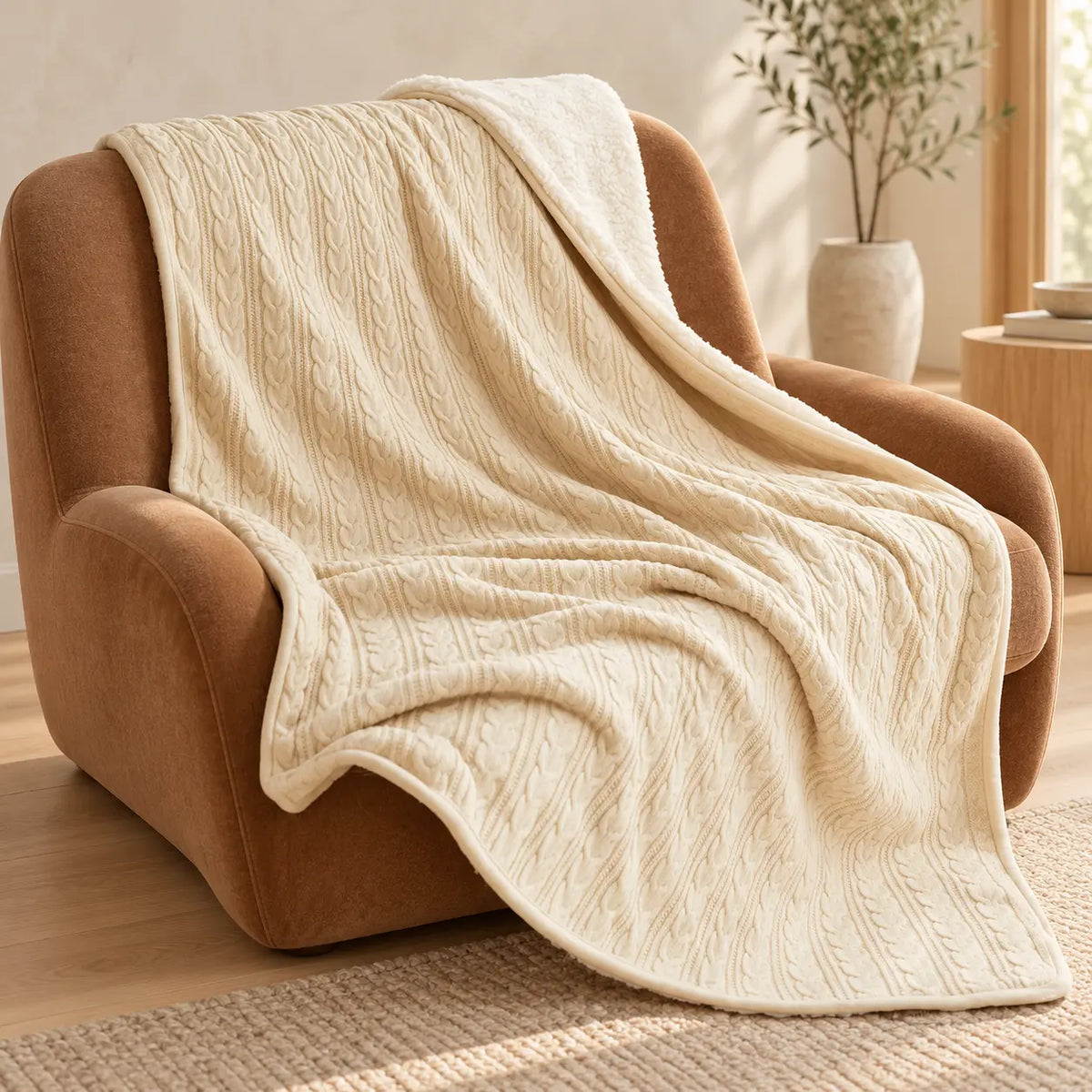 Cable Knit Cotton Throw for Sofa and Bed