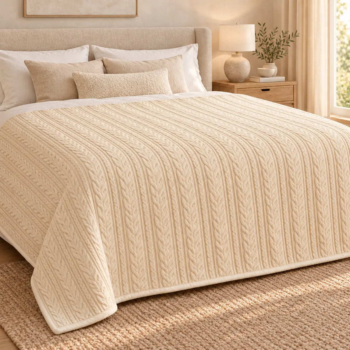 Cable Knit Cotton Throw for Sofa and Bed