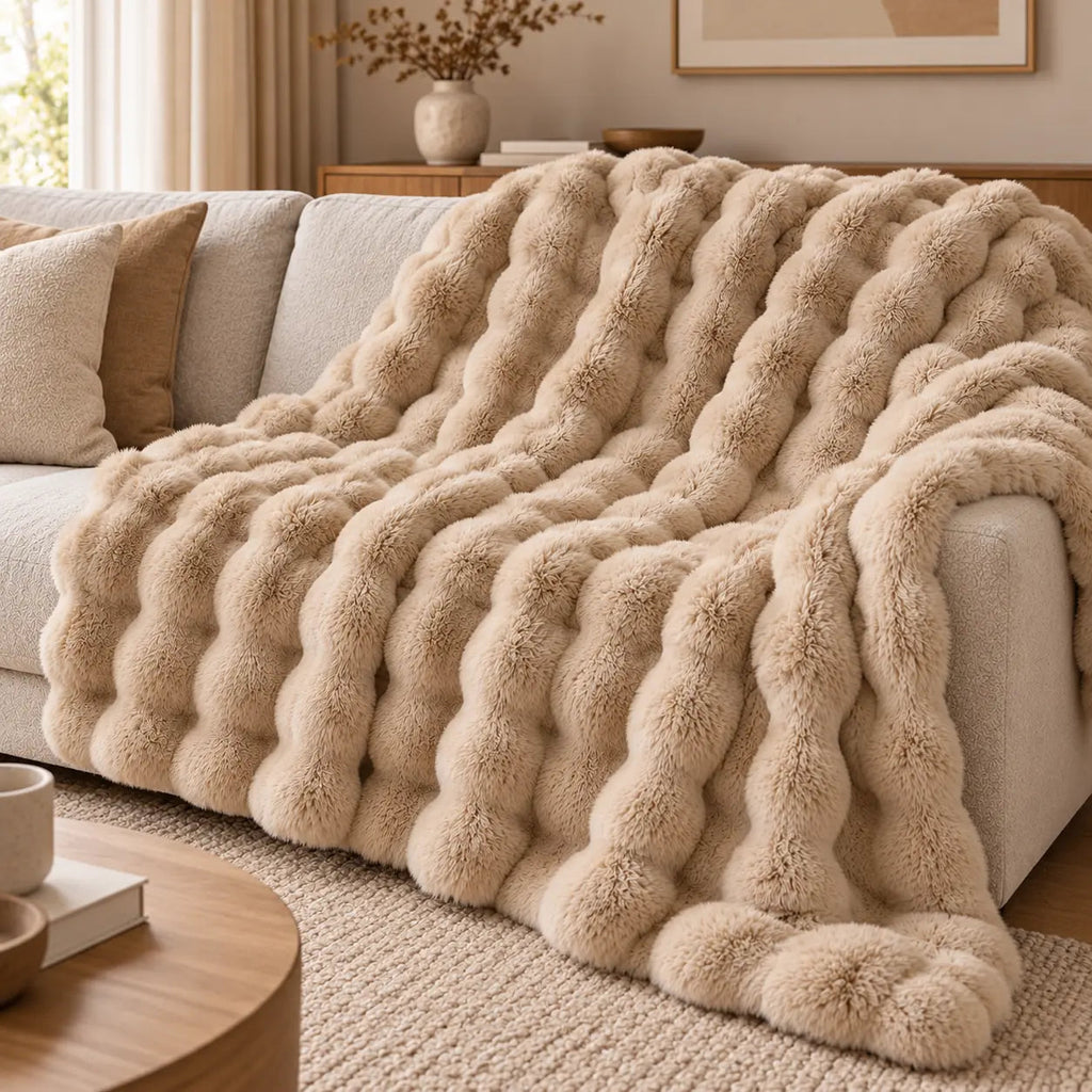 Soft Raised Faux Fur Throw – Beige 70x100cm