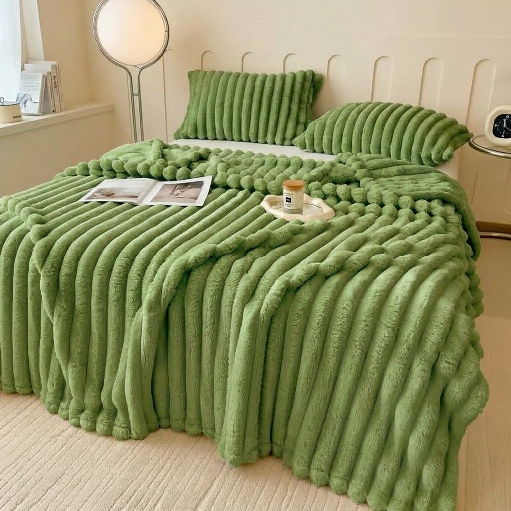 Green Soft Ribbed Faux Fur Throw