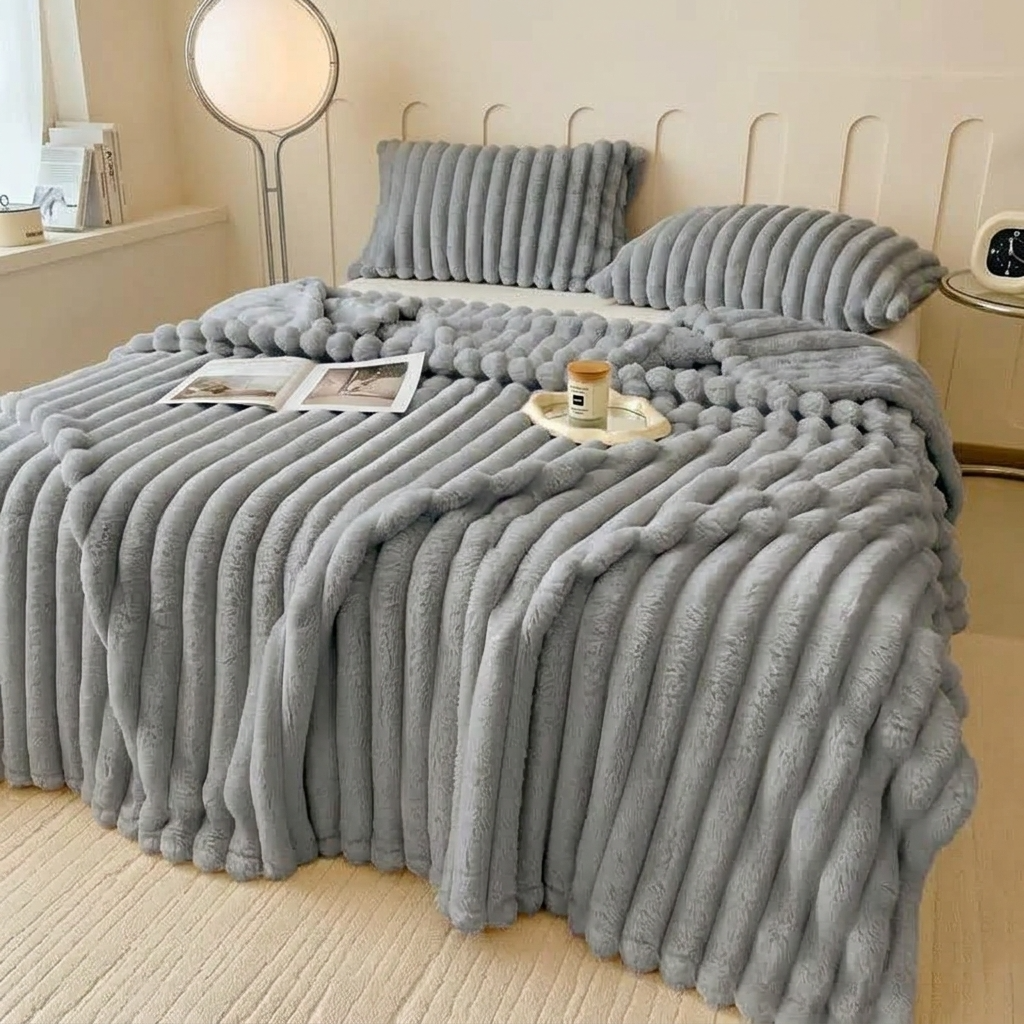 Silver Soft Ribbed Faux Fur Throw
