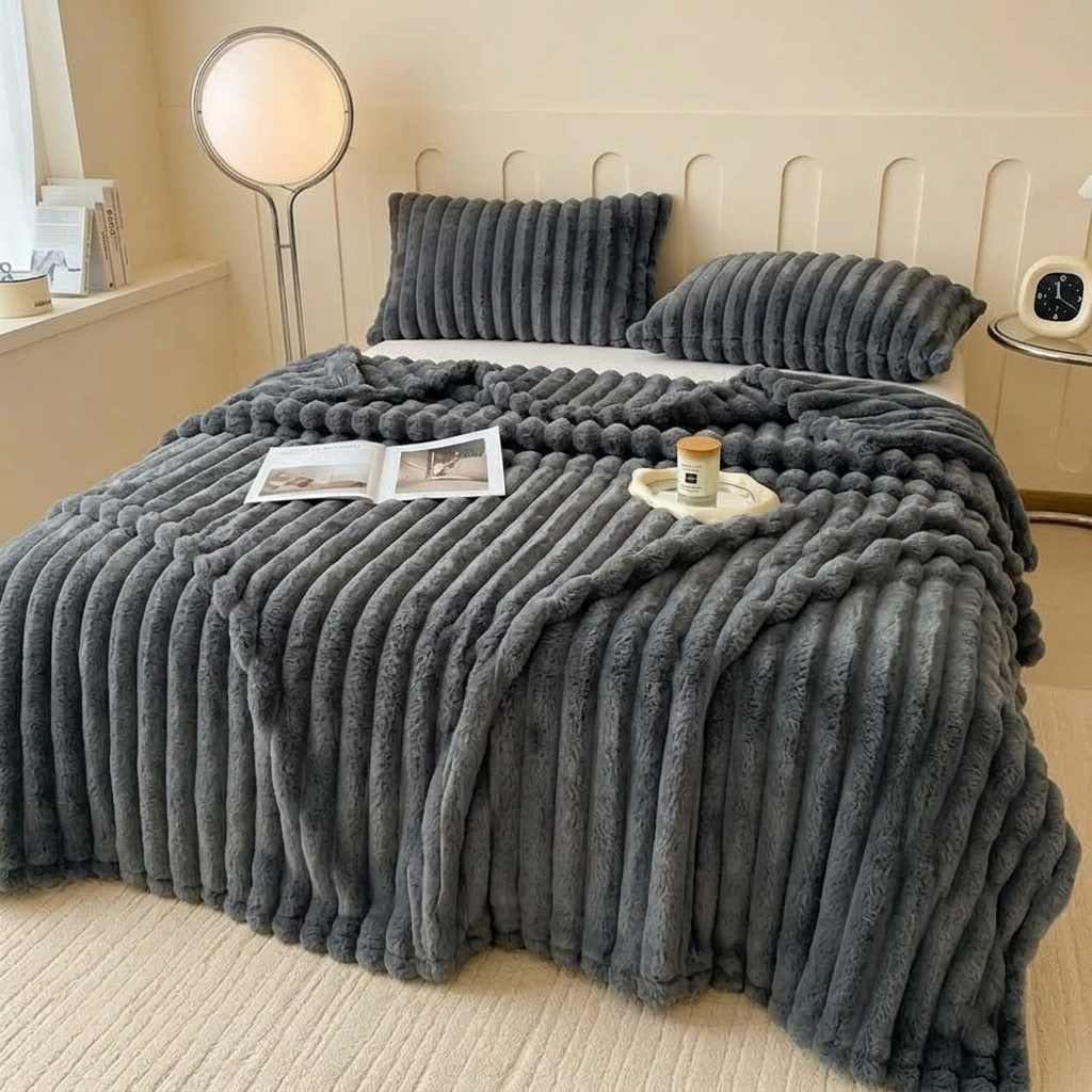 Grey Soft Ribbed Faux Fur Throw