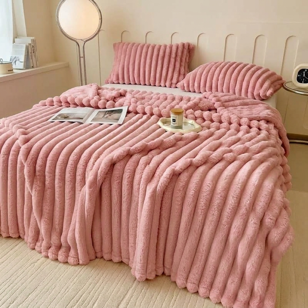Pink Soft Ribbed Faux Fur Throw