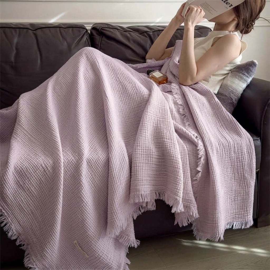 Purple Four-Layer 100% Cotton Fringed Throw