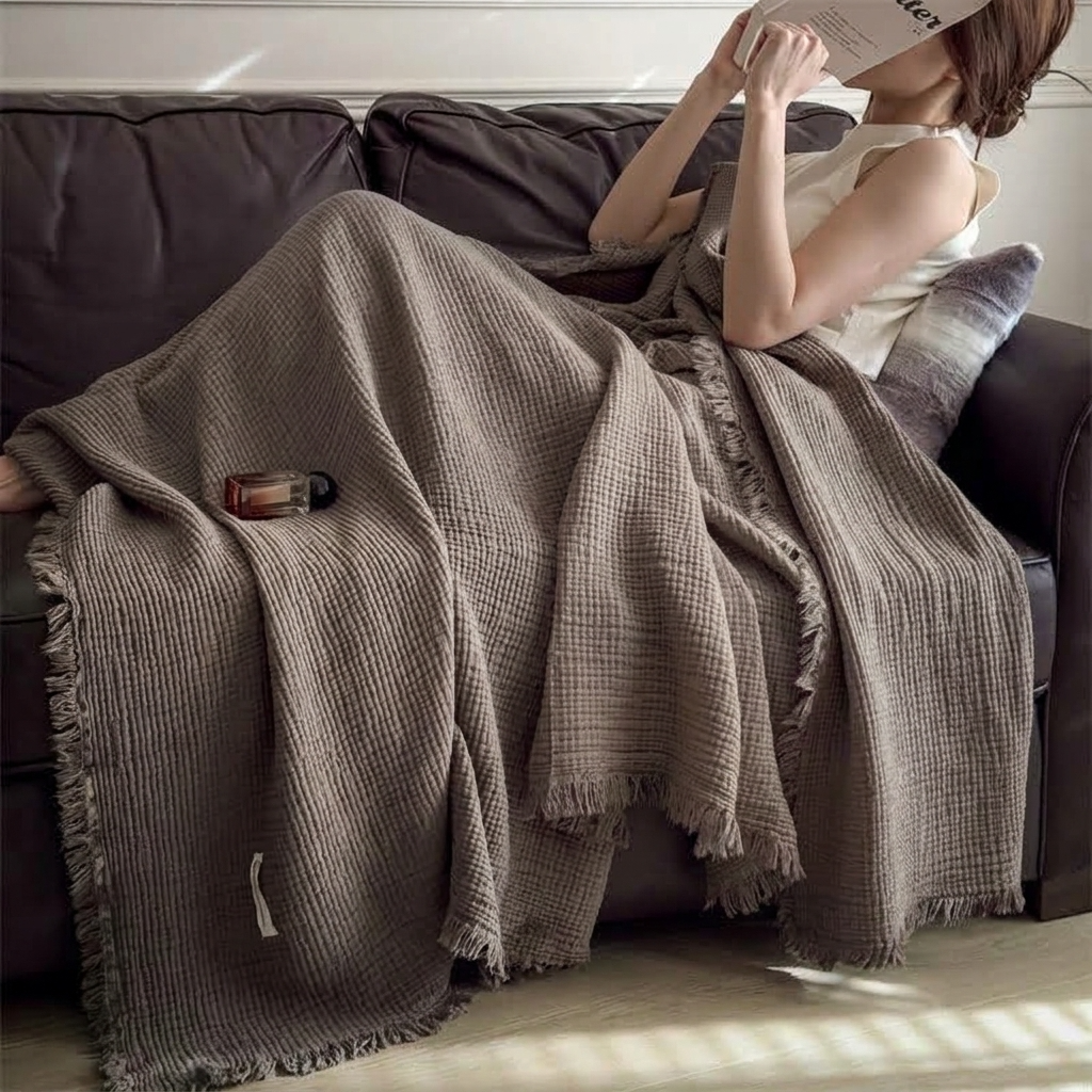 Cocoa Four-Layer 100% Cotton Fringed Throw