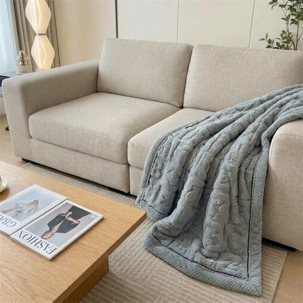Grey Soft Raised Heart-Pattern Fleece Throw