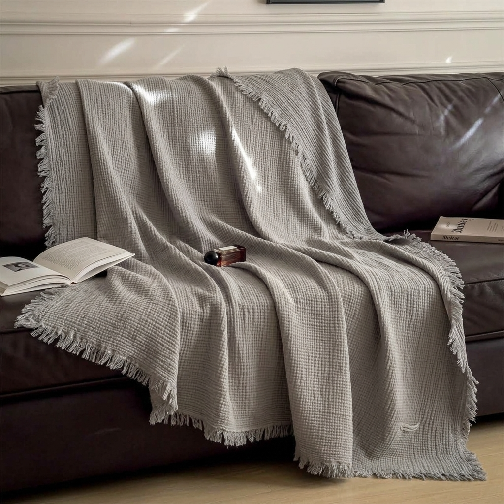 Grey Four-Layer 100% Cotton Fringed Throw