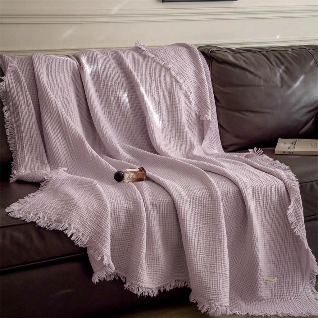 Purple Four-Layer 100% Cotton Fringed Throw