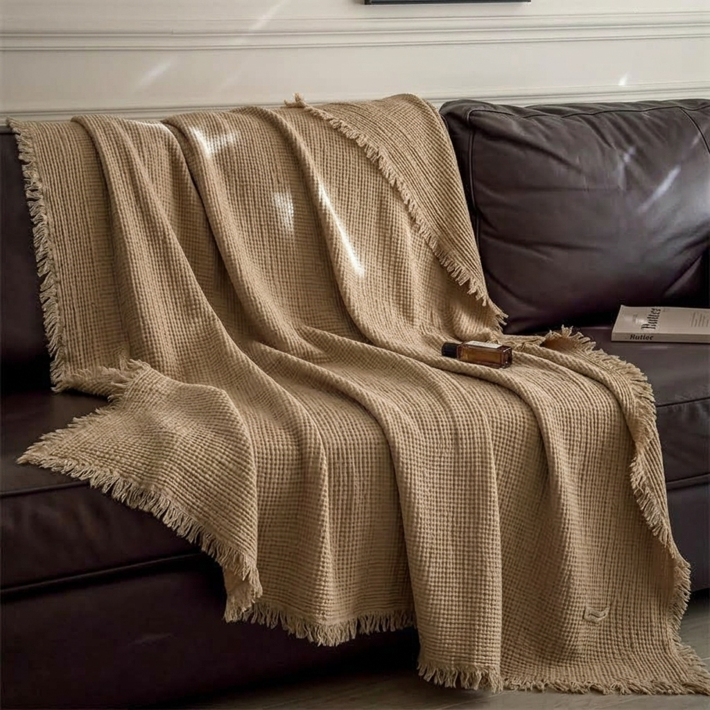 Coffee Brown Four-Layer 100% Cotton Fringed Throw