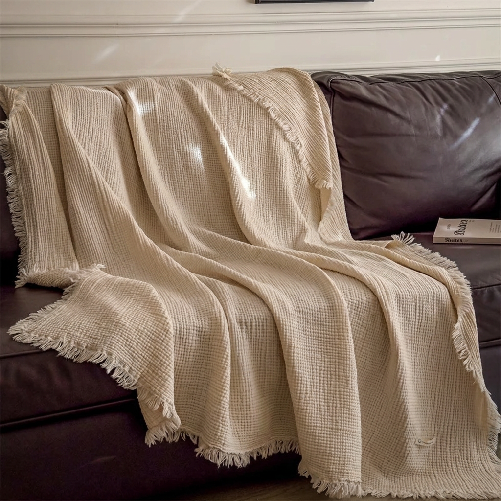 Taupe Four-Layer 100% Cotton Fringed Throw