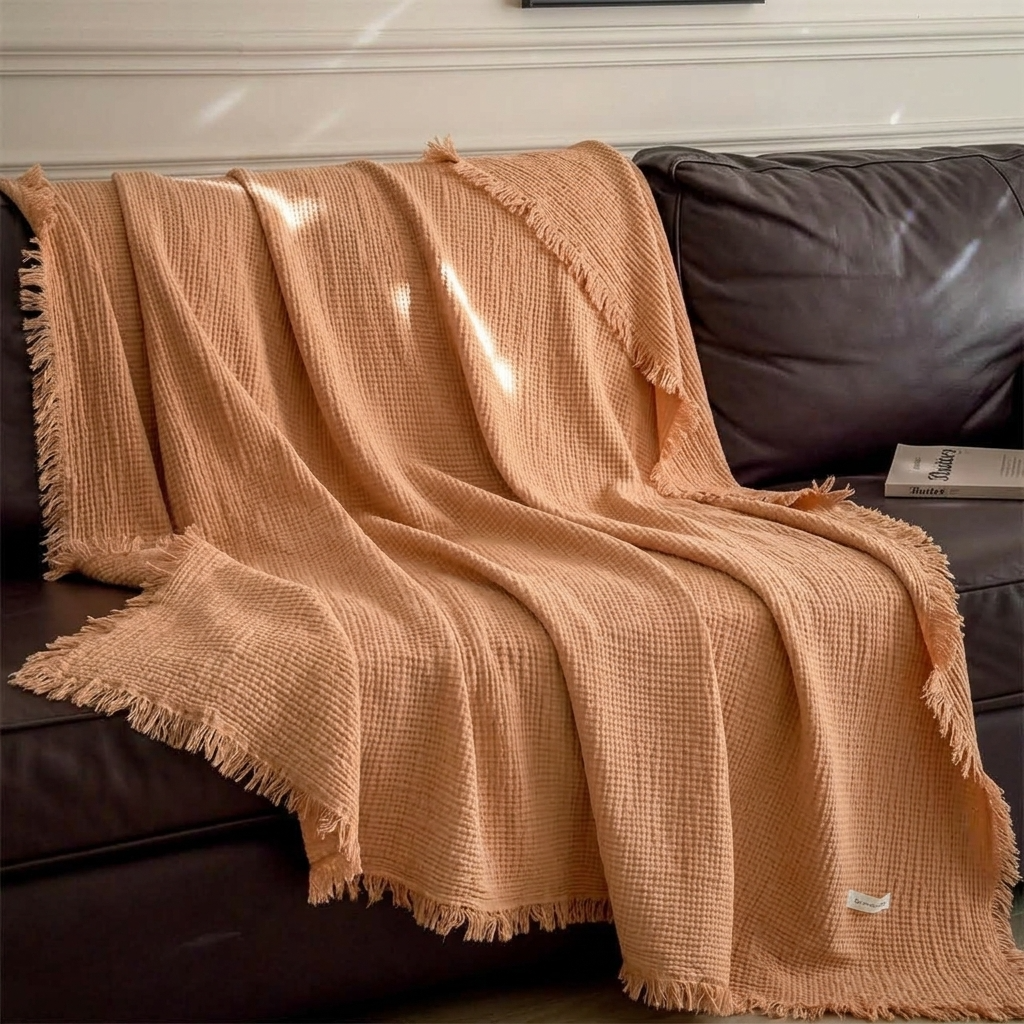 Orange Four-Layer 100% Cotton Fringed Throw