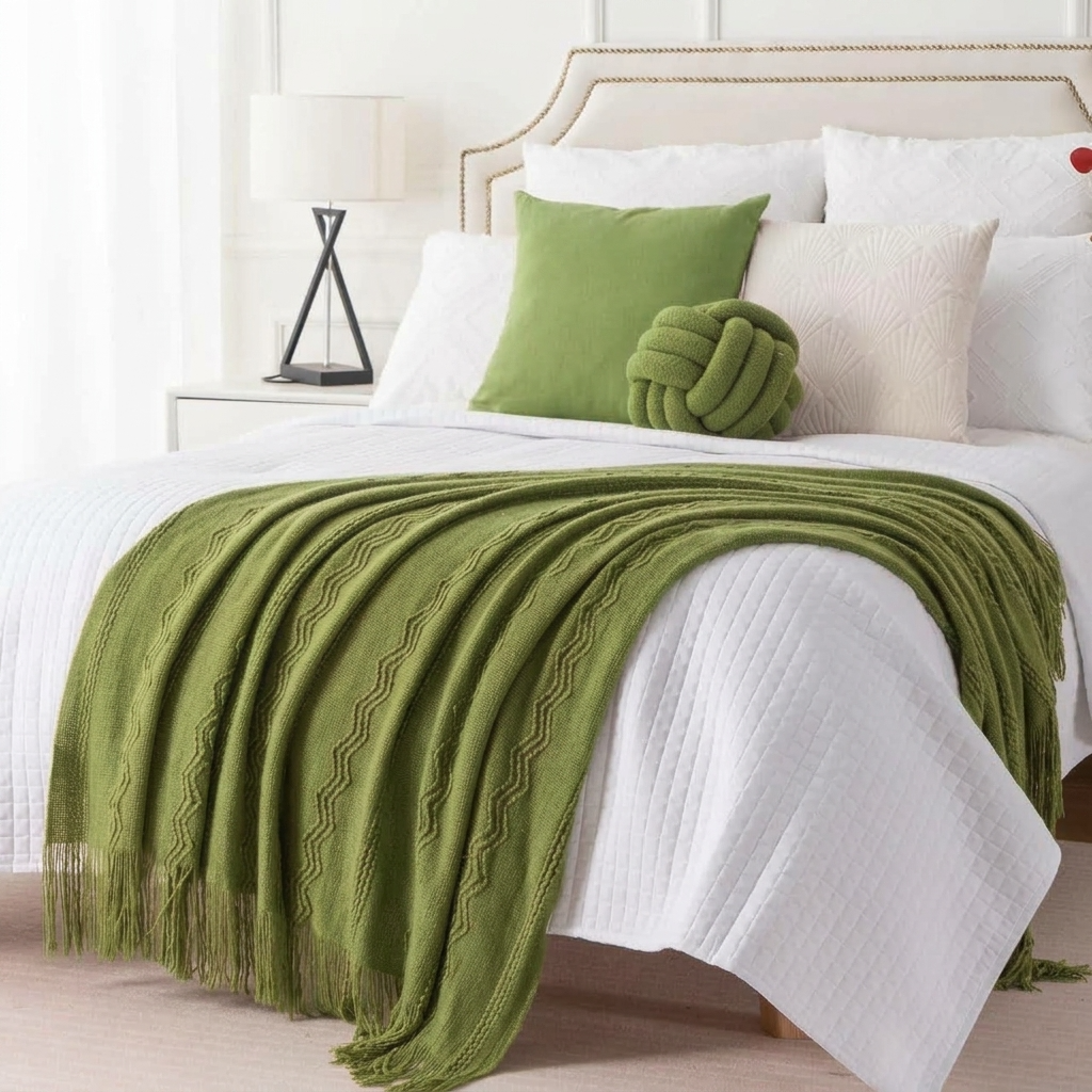 Olive Textured Knitted Fringed Throw