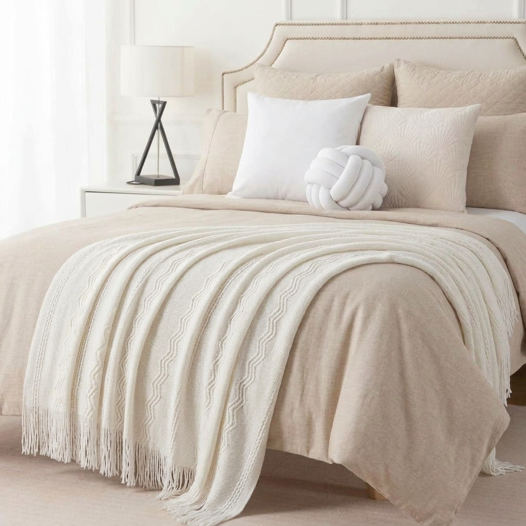 White Textured Knitted Fringed Throw