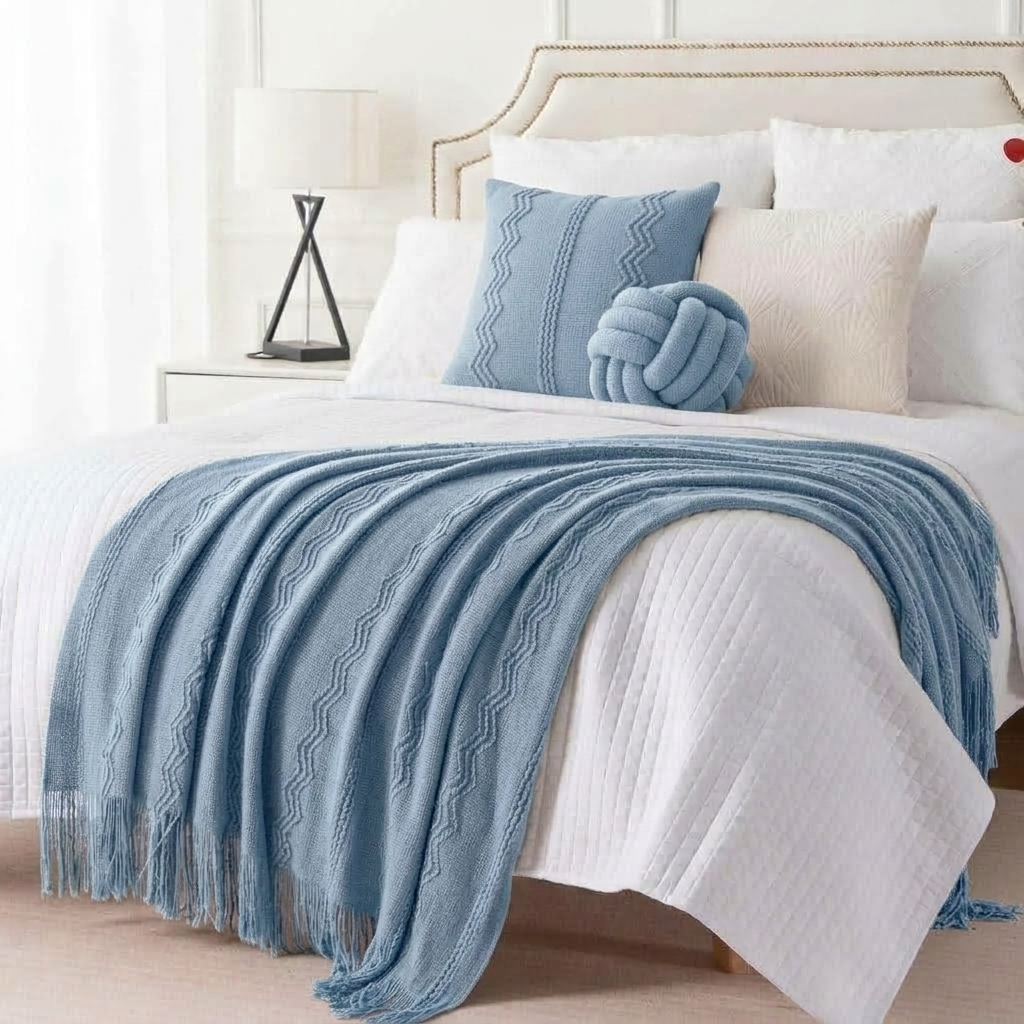 Blue Textured Knitted Fringed Throw