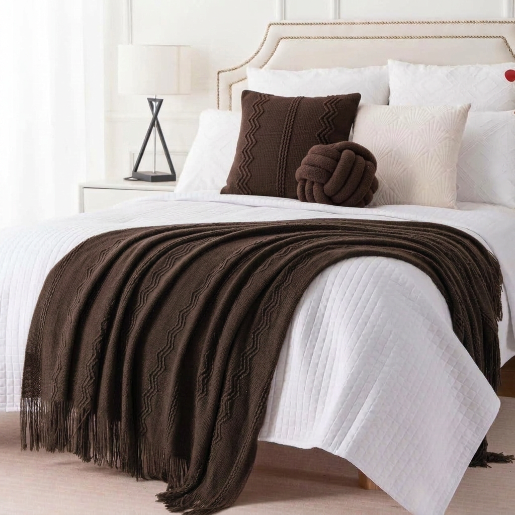 Brown Textured Knitted Fringed Throw