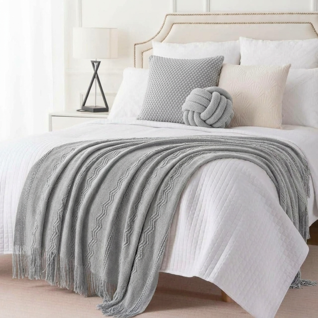 Grey Textured Knitted Fringed Throw
