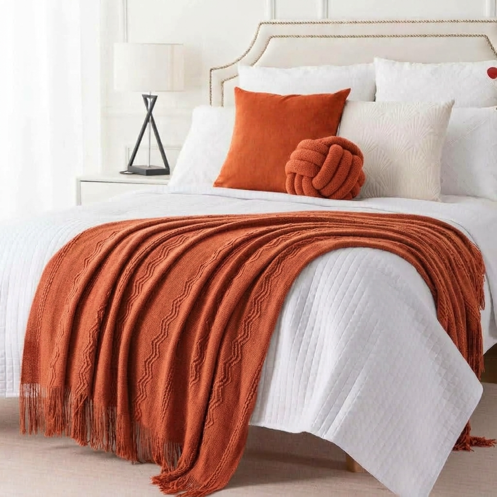 Orange Textured Knitted Fringed Throw