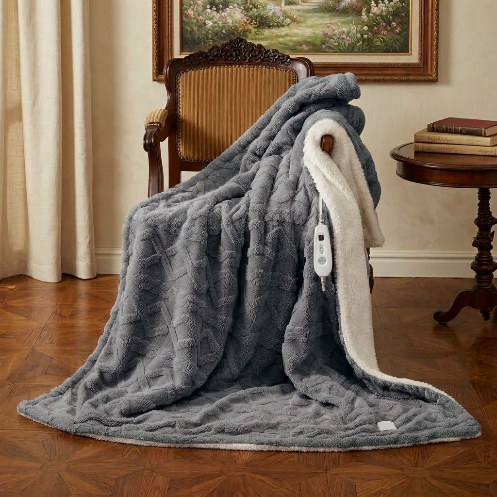 Grey Heated Throw Sherpa with 6 Heat Settings