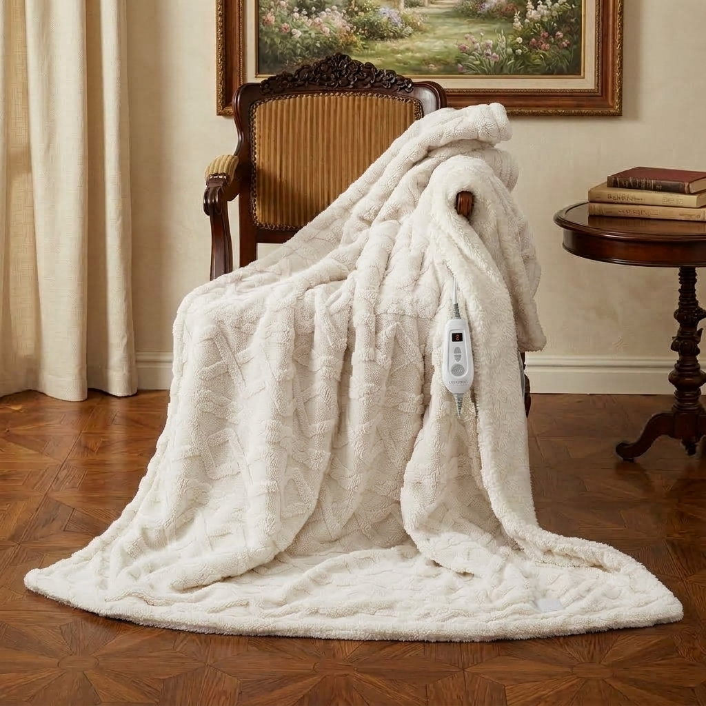 White Heated Throw Sherpa with 6 Heat Settings