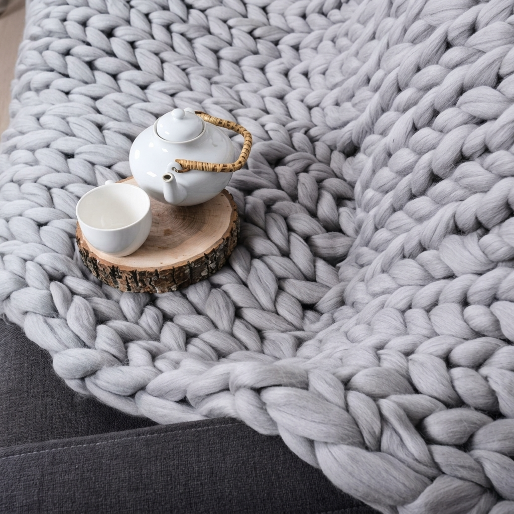 Grey Chunky-Knit 100% Cotton Throw