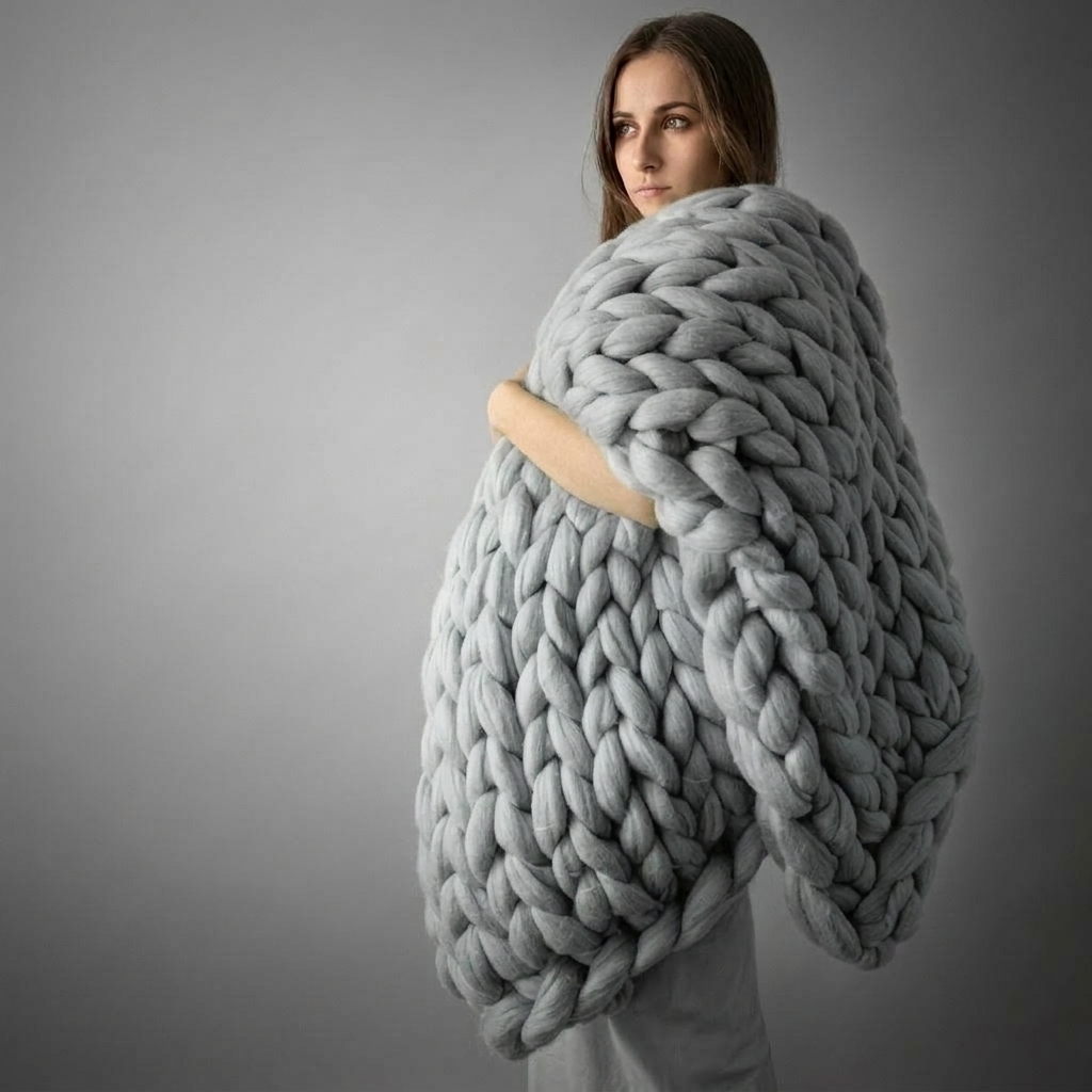 Grey Chunky-Knit 100% Cotton Throw