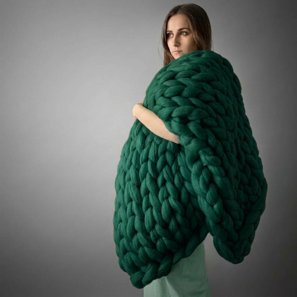 Forest Green Chunky-Knit 100% Cotton Throw