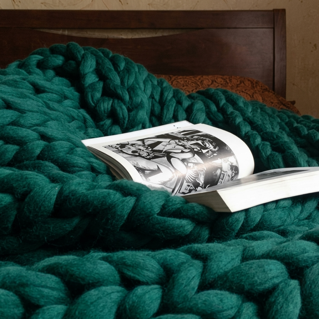 Forest Green Chunky-Knit 100% Cotton Throw