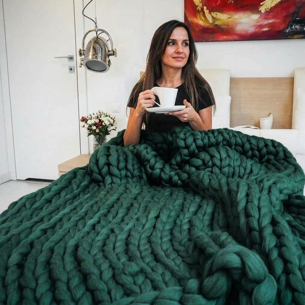 Forest Green Chunky-Knit 100% Cotton Throw