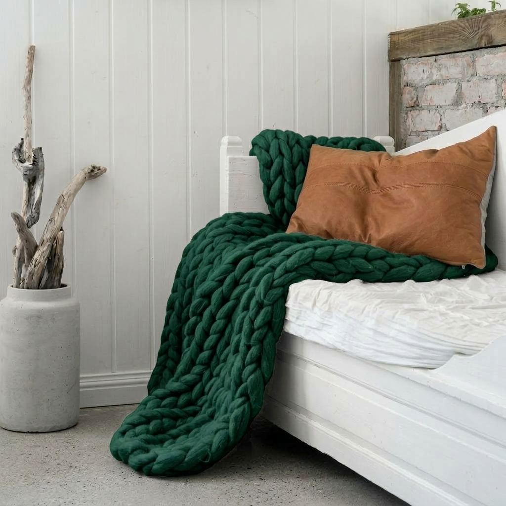 Forest Green Chunky-Knit 100% Cotton Throw