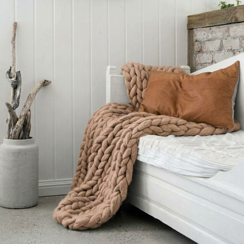 Camel Chunky-Knit 100% Cotton Throw