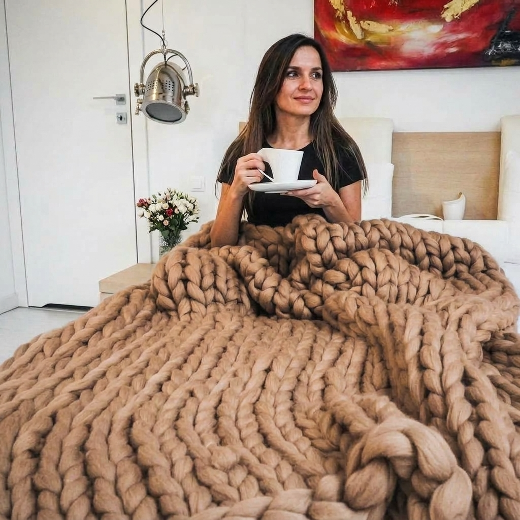 Camel Chunky-Knit 100% Cotton Throw