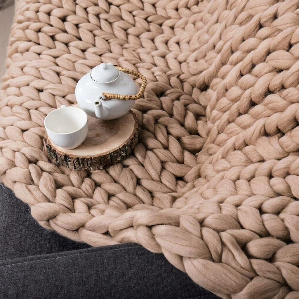 Camel Chunky-Knit 100% Cotton Throw