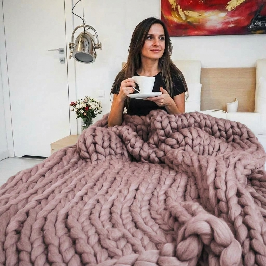 Pink Chunky-Knit 100% Cotton Throw