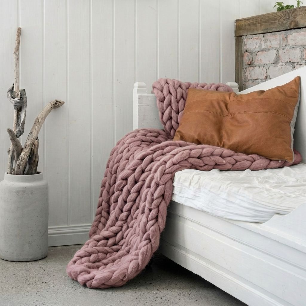 Pink Chunky-Knit 100% Cotton Throw
