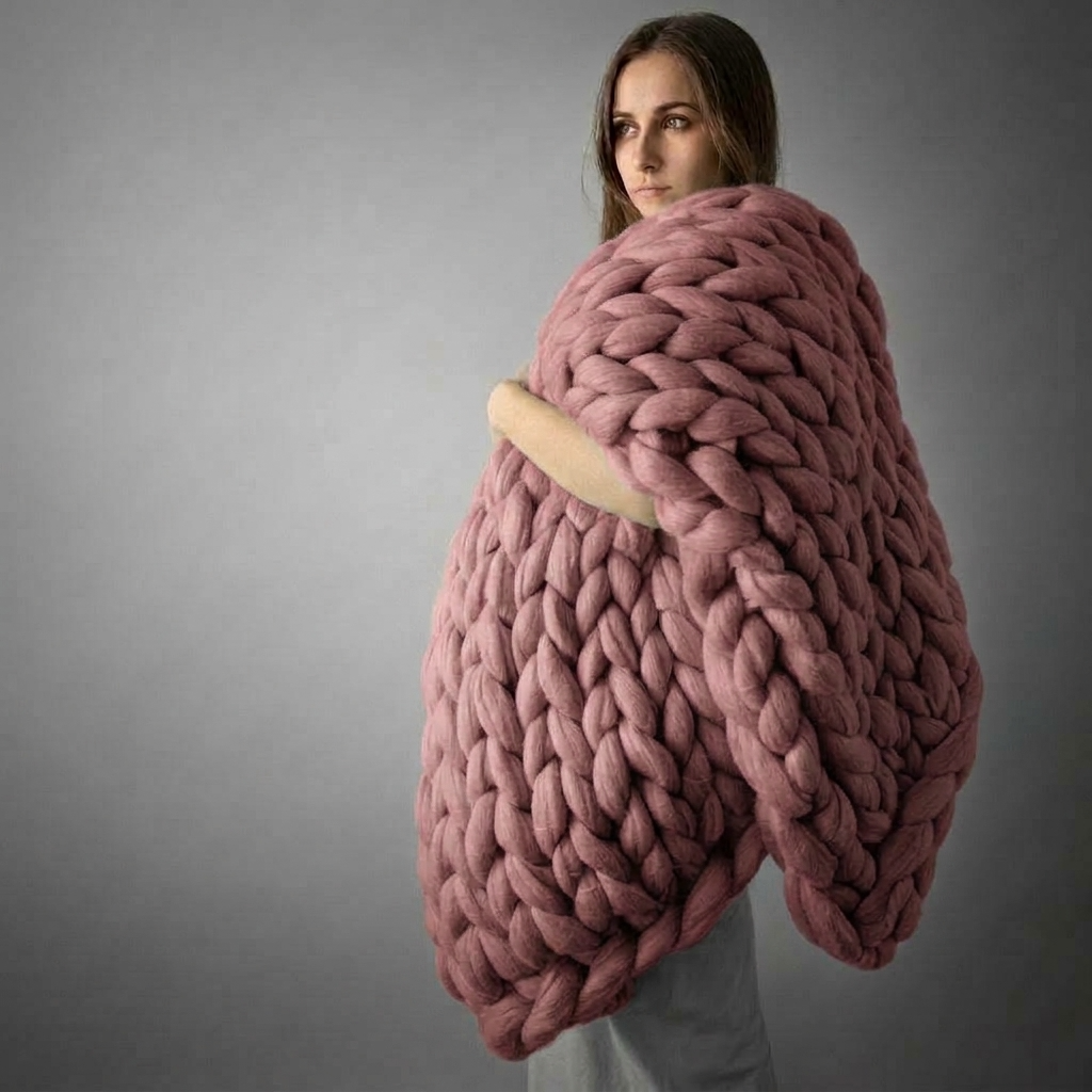 Pink Chunky-Knit 100% Cotton Throw