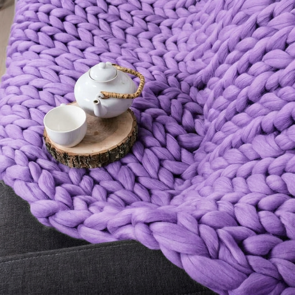 Purple Chunky-Knit 100% Cotton Throw