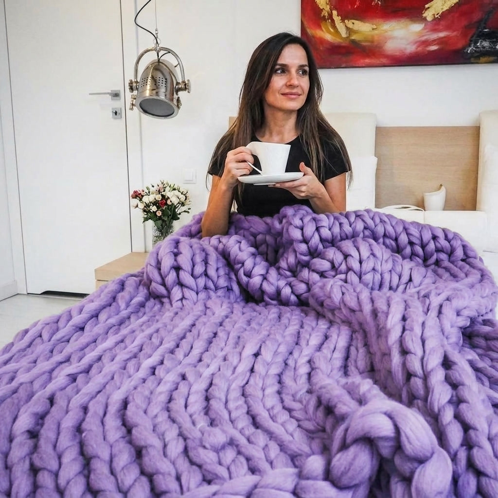 Purple Chunky-Knit 100% Cotton Throw
