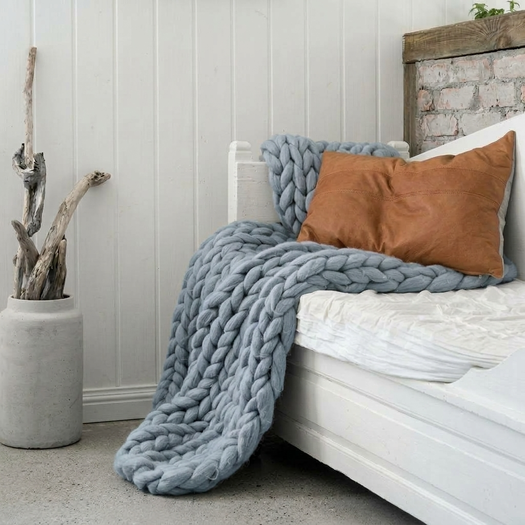 Blue Chunky-Knit 100% Cotton Throw